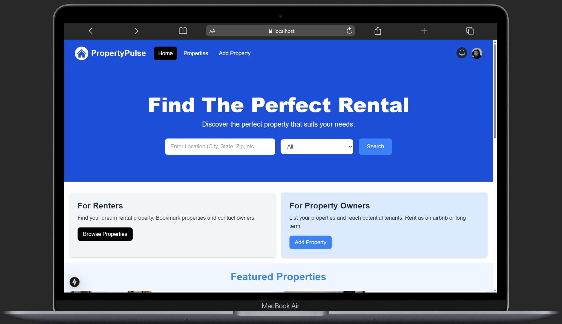 Property Pulse Home Page on a Macbook Air Screen